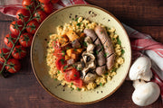Phosh Breakfast - A healthy take on a traditional full English breakfast, with scrambled eggs, sausages, mushrooms, tomatoes and sweet potato.